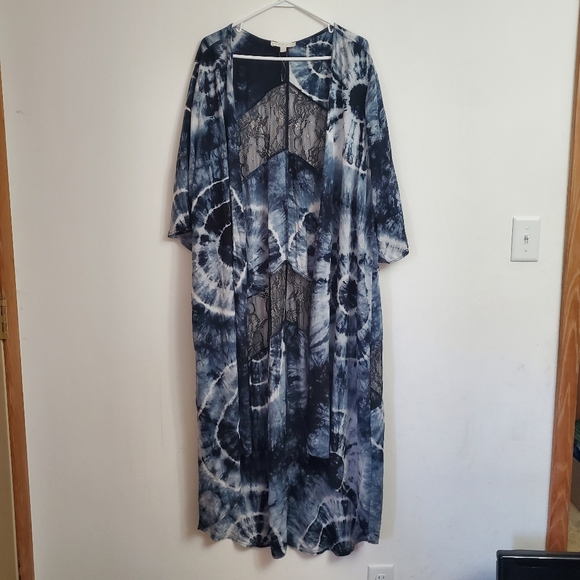 Weekend by Suzanne Betro Women's Size 2X Open Kimono Tie Dye Gray Black Lace - Picture 1 of 7